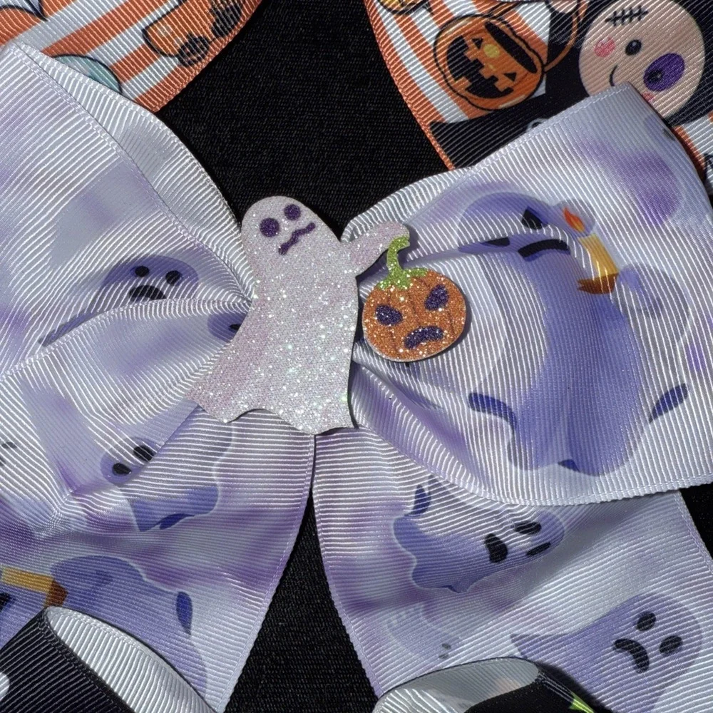 3Halloween Girls Hair Bows Black‎ Orange Pumpkins, Bats Ghost Spider (3).  4950